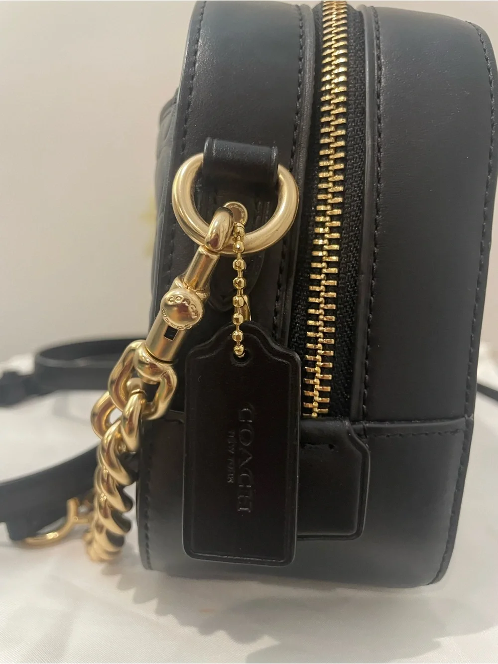 Coach Black Embossed Leather Camera Crossbody with Gold Chain